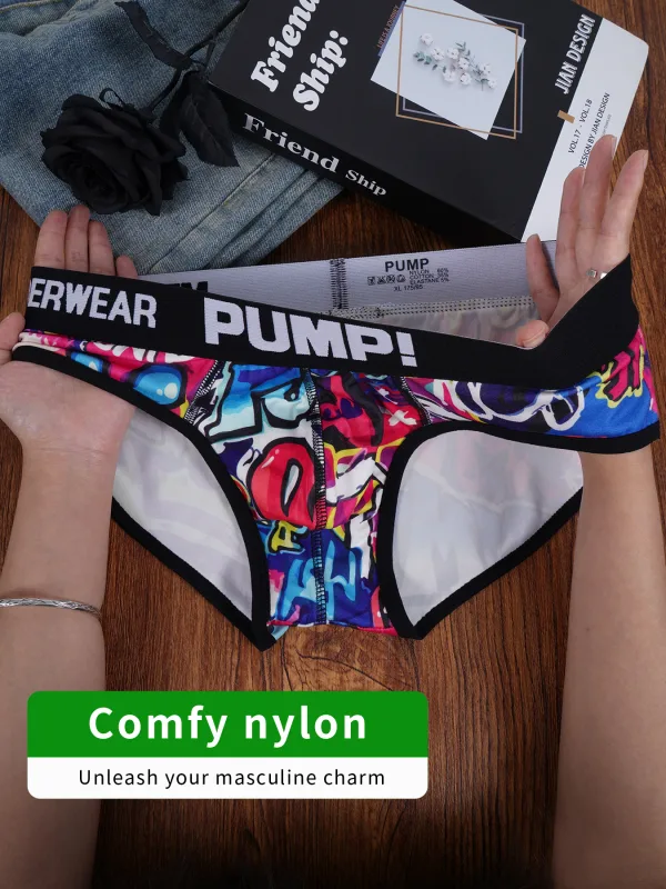 Men’s Graffiti Print Triangle Underwear Elastic Waistband Ice Silk Breathable Underwear 3256811822635074