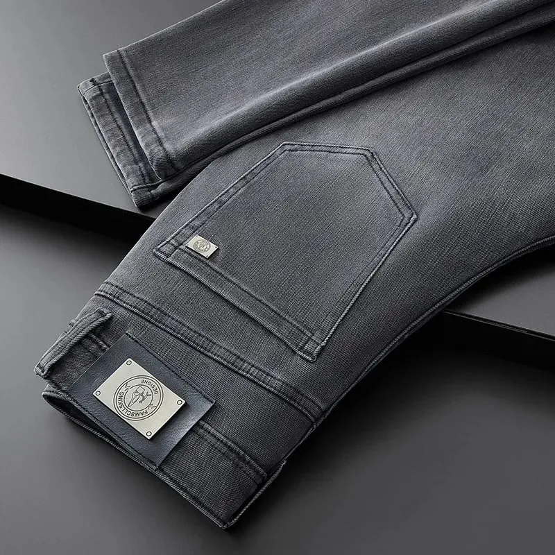 Light Luxury Gray Jeans for Men 2024Autumn and Winter Simplicity Fashionable All-Match Slim-Fit Stretch Casual High-End Trousers