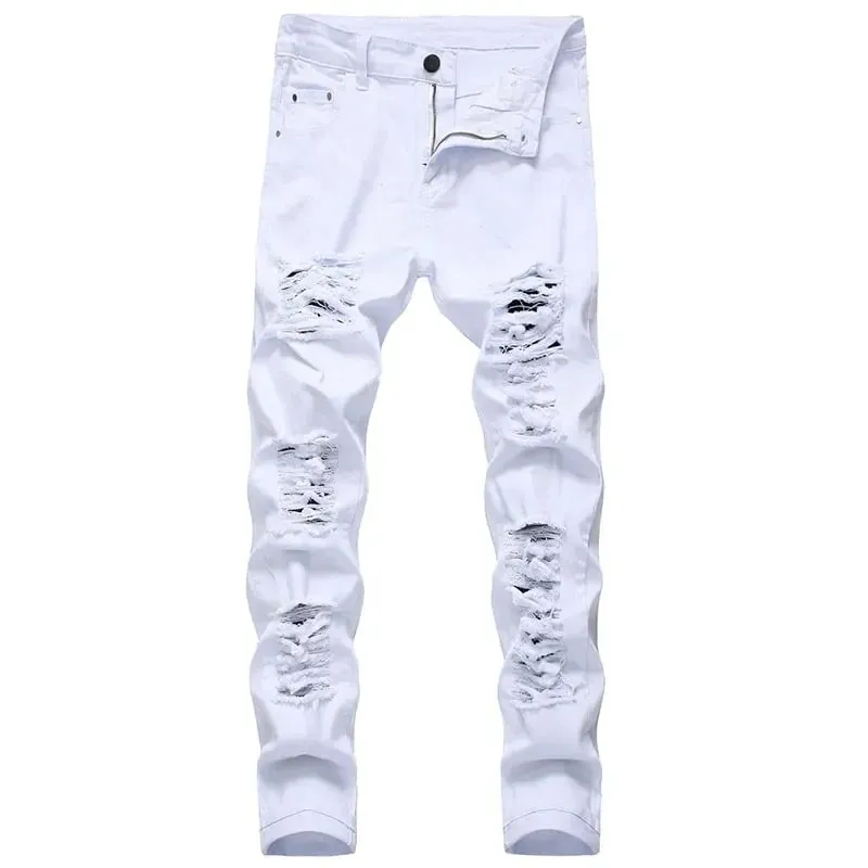 2025-ös Hole Farmer nadrágok Férfi Tide márka Ruined Hole Farmer Solid Slim All match High Street Hip Hop Nadrág Piros Fehér Nagy méret — image 3