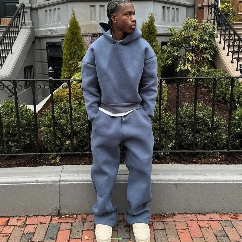 Erkek Sonbahar Yeni 2 Parça Set Rahat Katı çiftin Kapşonlu Kazak Gevşek Sweatpants Koşu Kazak Pantolon Kıyafetler Takım Elbise — image 6
