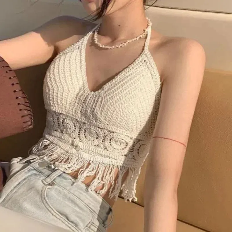 Crop Tops Ρετρό Wild Hollow με προοπτική φούντα Σέξι σπαγγέτι λουράκι Tanke Top Γυναικεία ενσωματωμένα σουτιέν Νέα πλάτη δαντέλα λαιμόκοψη