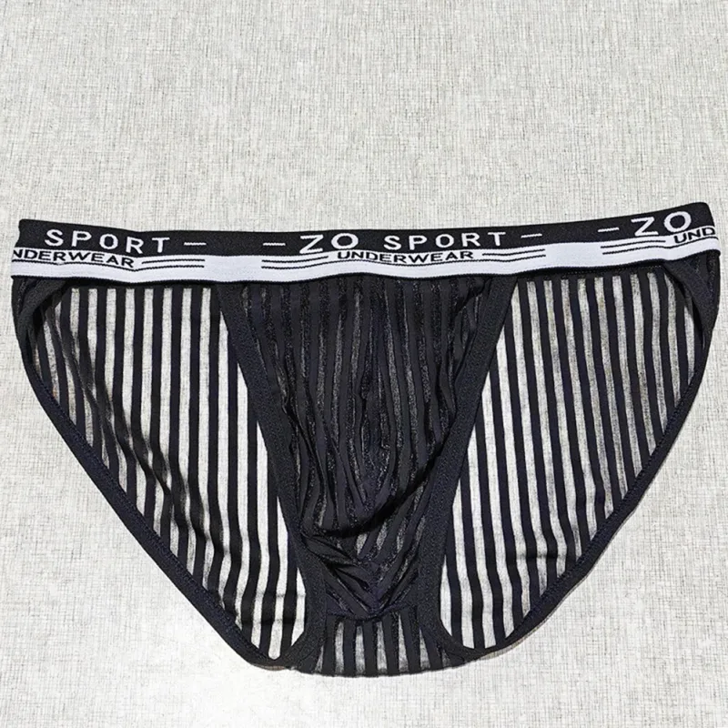 Striped Men's High Slit Sexy Pouch Underwear Ice Silk See Through Comfortable Male Triangle Briefs Man Underclothes