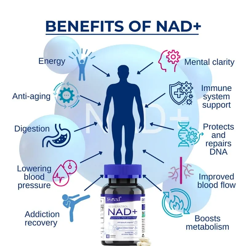 תוסף NAD + Resveratrol NAD Plus Boosting - תומך באנרגיה סלולרית אנטי אייג'ינג מטבוליזם בריאות העור