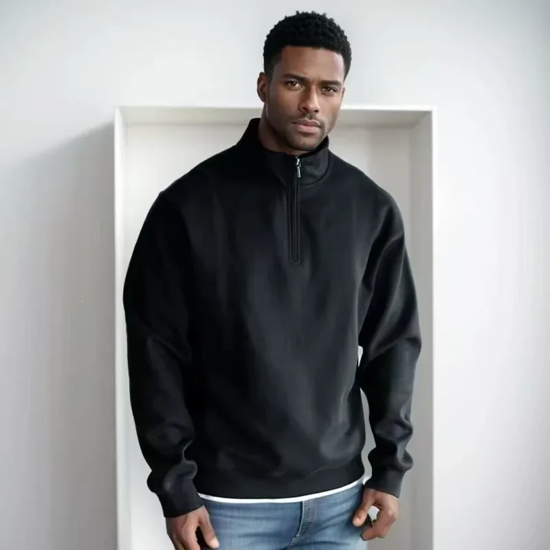 Printemps automne nouveau décontracté demi fermeture éclair col montant sweat tendance Simple mince hommes pull à manches longues hauts hommes sweat