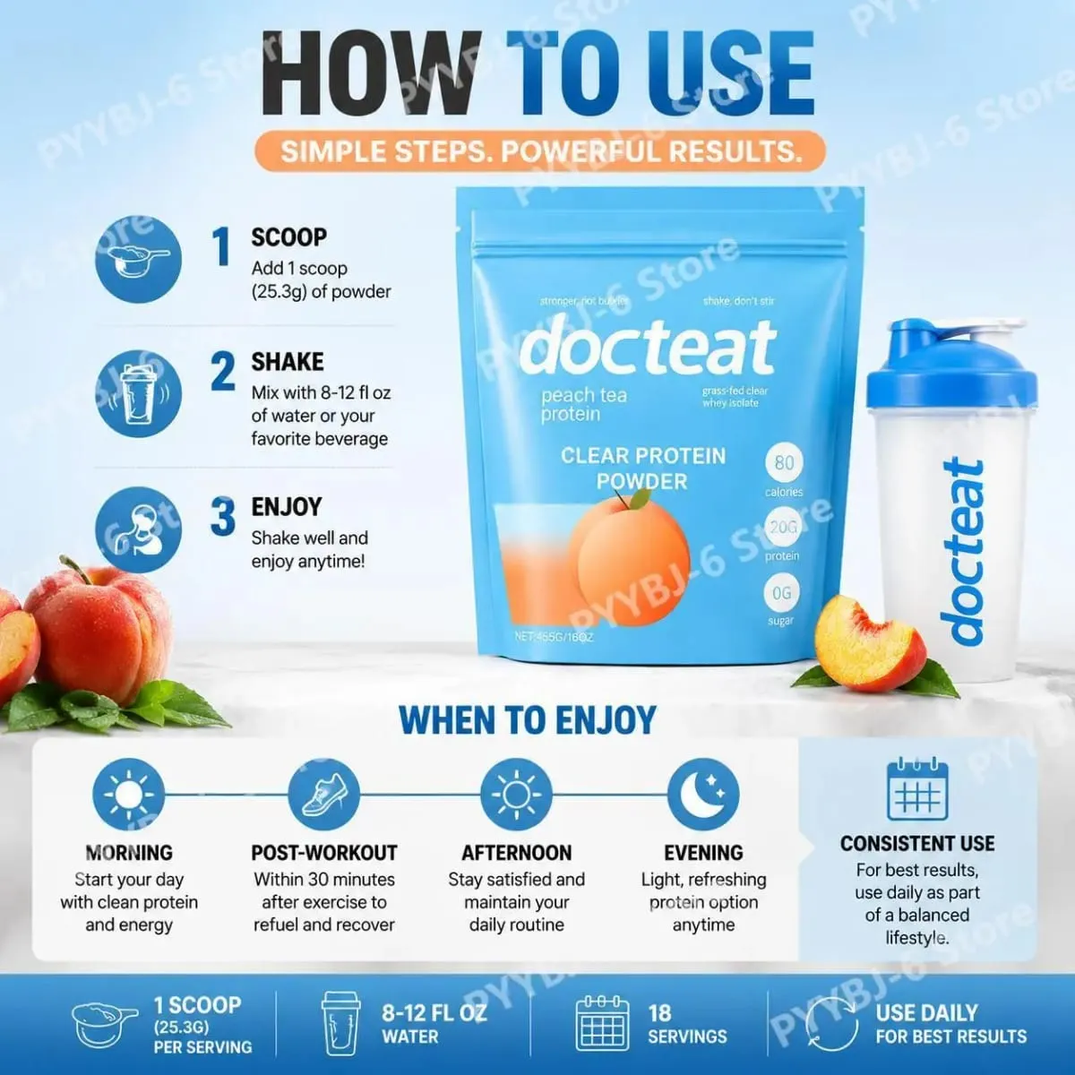 Docteat Peach Tea Clear Protein Powder 455g Whey Isolate & Stevia 20g Protein Low Fat 0g Sugar Fitness Workout Recovery Support