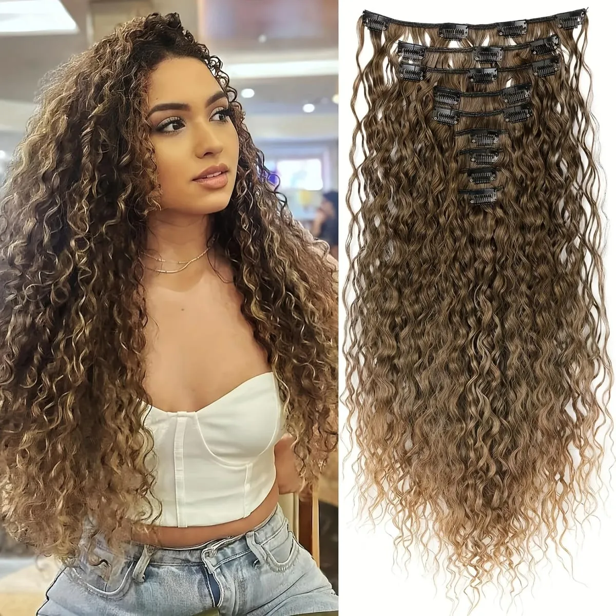 9 יחידות קליפס מעולה לתפירת ידיים בתוספות שיער 22 אינץ' הארכת שיער מתולתל ארוך רך רך שיער סינטטי לנשים — image 10
