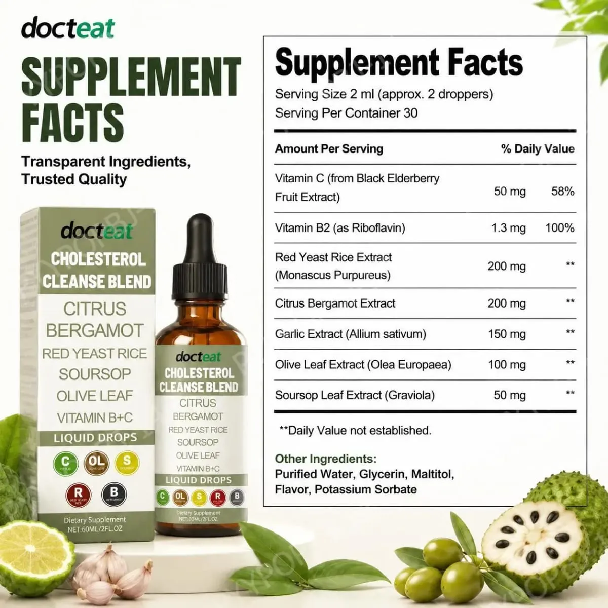 Docteat Cholesterol Cleanse Blend Liquid Drops Citrus Bergamot Supports Metabolic Balance with Vitamin C and B2 Dropper 60 ML — image 2