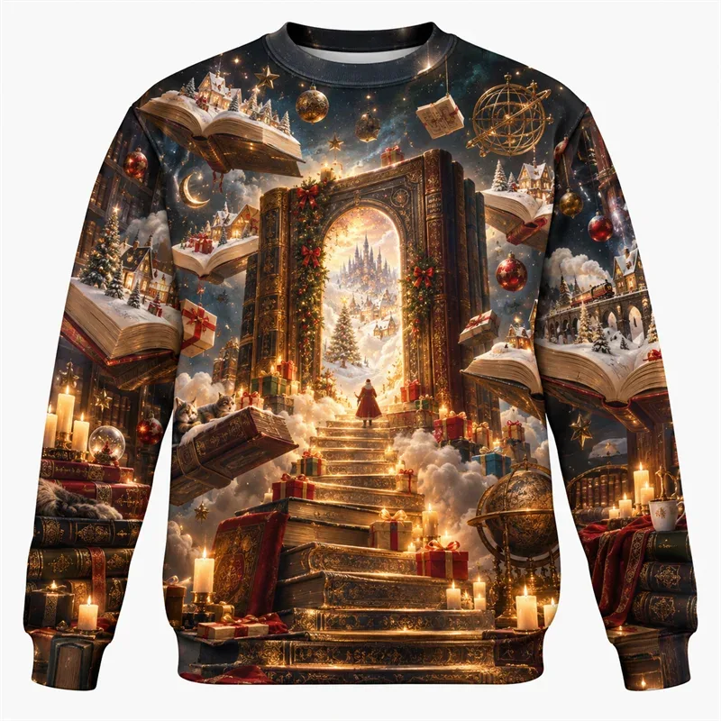 クリスマスファンタジースウェットシャツトレインキャッスルカルーセルエンジェルポーラーベアクルーネッククリスマスプルオーバーホリデーパーティーストリートウェアギフトトップ
