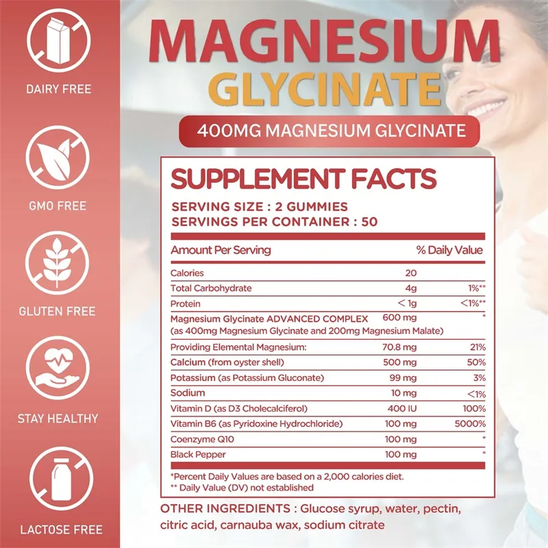 Γλυκινικό Magnesium Gummies - Calm Relieves Stress Προωθεί τον ύπνο Υποστήριξη Συγκέντρωση μνήμης και μυϊκούς σπασμούς