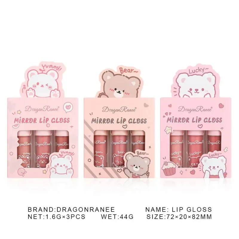 Dragon Ranee 3pcs Mirror Lip Gloss Set Hydrating Shining Lip Glaze Moisturizing Pearl Liquid Lipstick Cartoon Lip glosses Sets — image 7