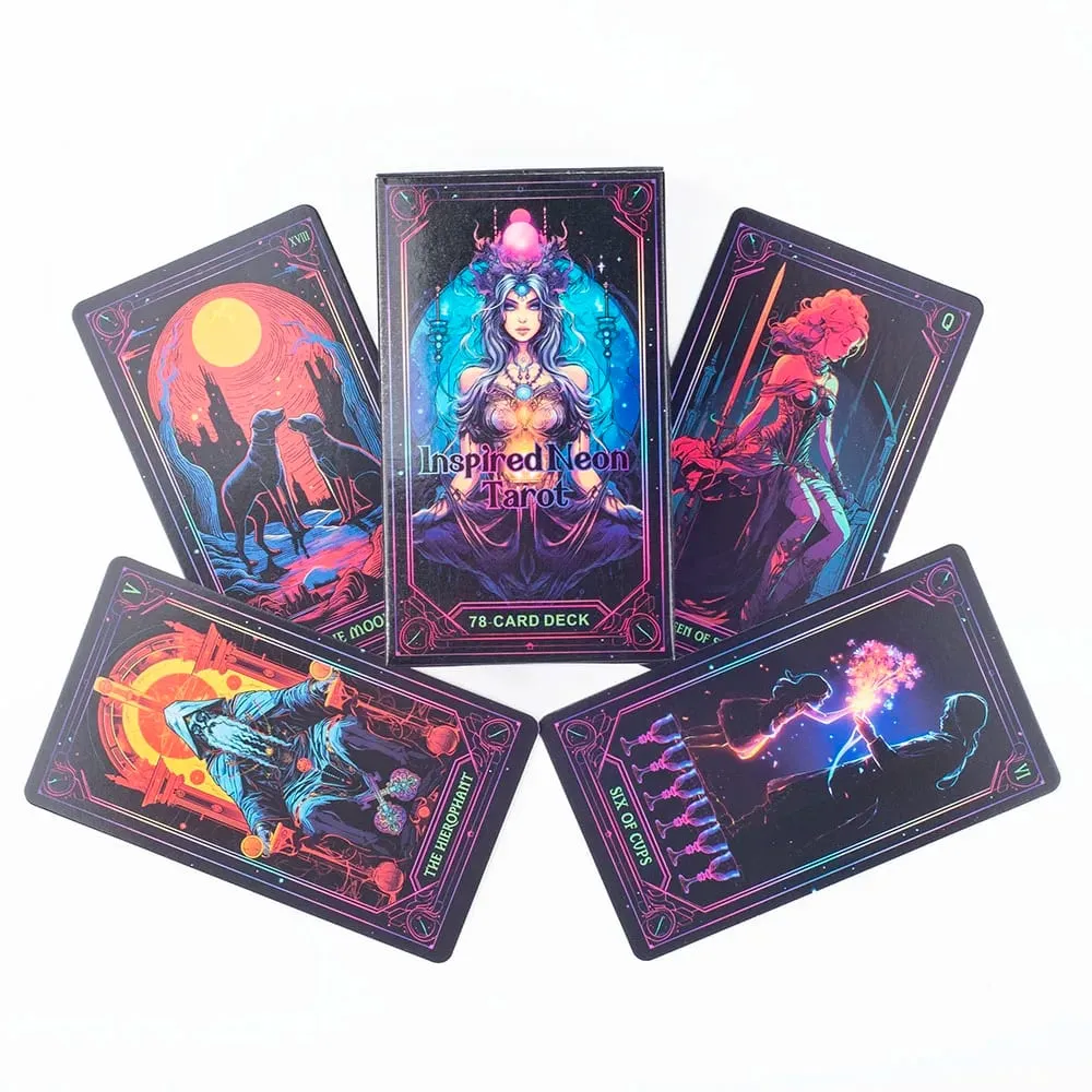 Dek Tarot Neon Terinspirasi 78 Kartu Edisi Ramalan Visi Bahasa Inggris Papan 10.3X6Cm untuk Bermain Game dan Ramalan