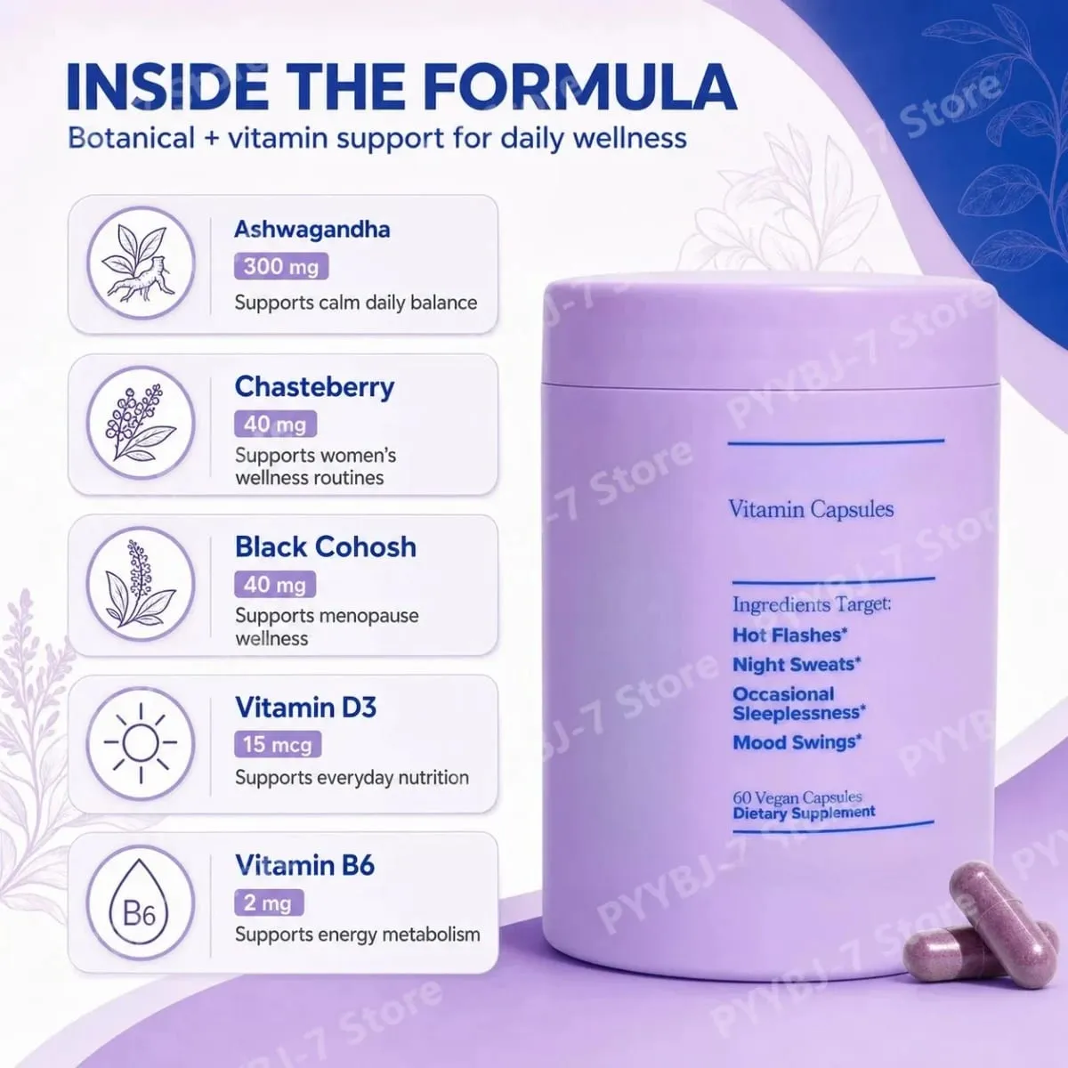 Women Complex Vitamins for Menopause with Vitamin D3 B6 Helps Relieve Night Sweats Mood Swings Health Food Supplement 60 Pieces — image 3