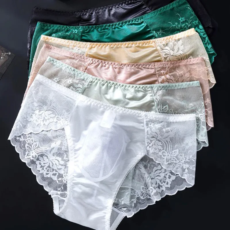 1pc Men Lace Seamless Ice Silk Briefs Ultra-thin Underwear 3D Bulge Pouch Low Waist Gay Panties Breathable High Elastic Lingerie