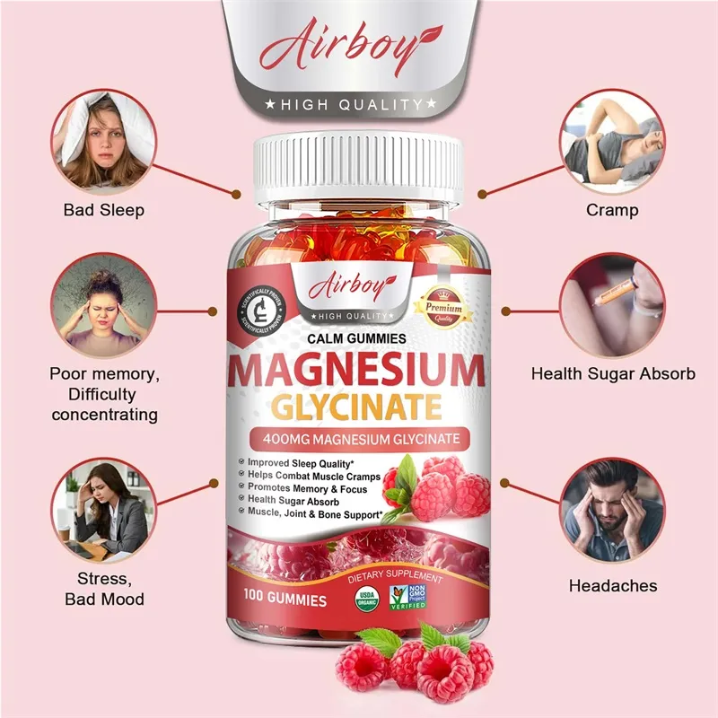 Γλυκινικό Magnesium Gummies - Calm Relieves Stress Προωθεί τον ύπνο Υποστήριξη Συγκέντρωση μνήμης και μυϊκούς σπασμούς