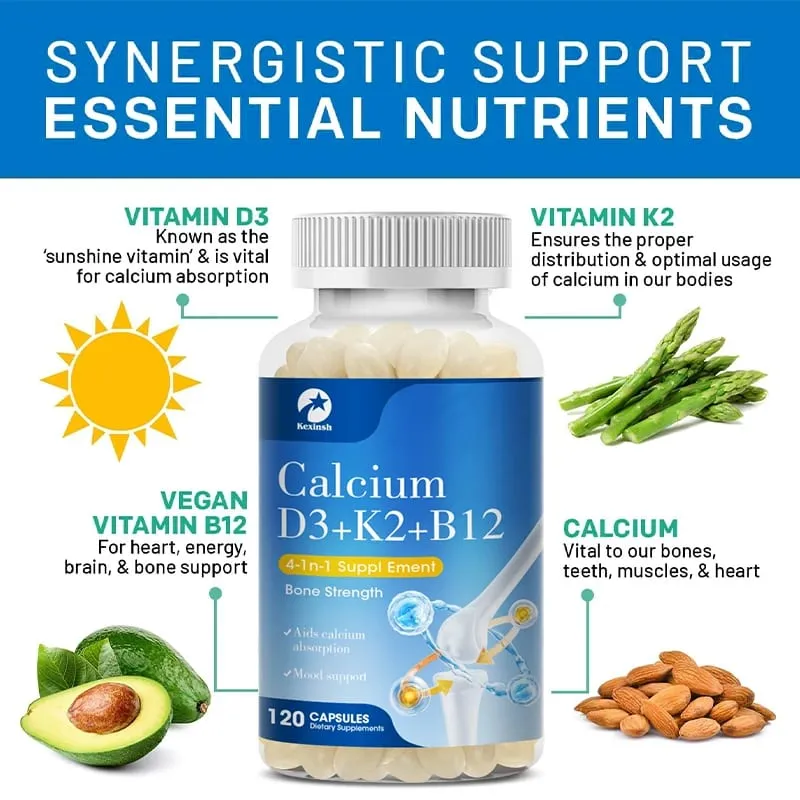 Κάψουλες Kexinsh Vitamin D3K2 Vb12 Υποστήριξη ασβεστίου Απορρόφηση ασβεστίου Οστά Δόντια Καρδιά Εγκέφαλος Υγεία Αρθρώσεις Ανοσολογική λειτουργία