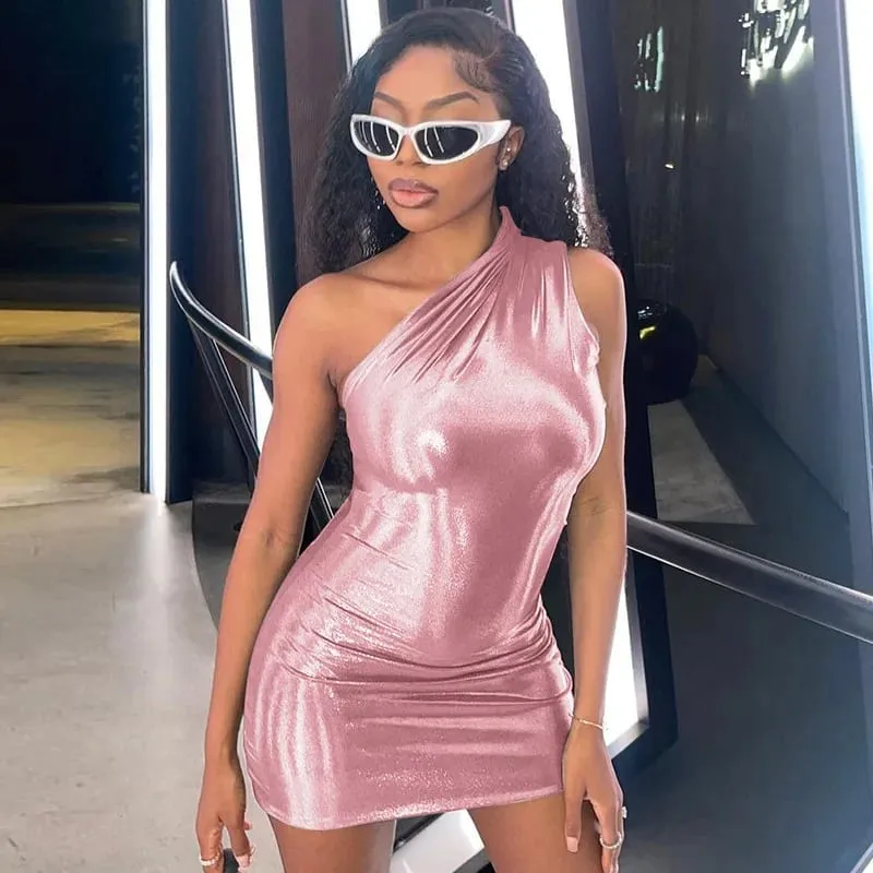 שמלות Bodycon סקסיות לנשים מוצק לא סדיר סקיני מיני Y2K מתכתי מוזהב שמלת מיני קצרה — image 7