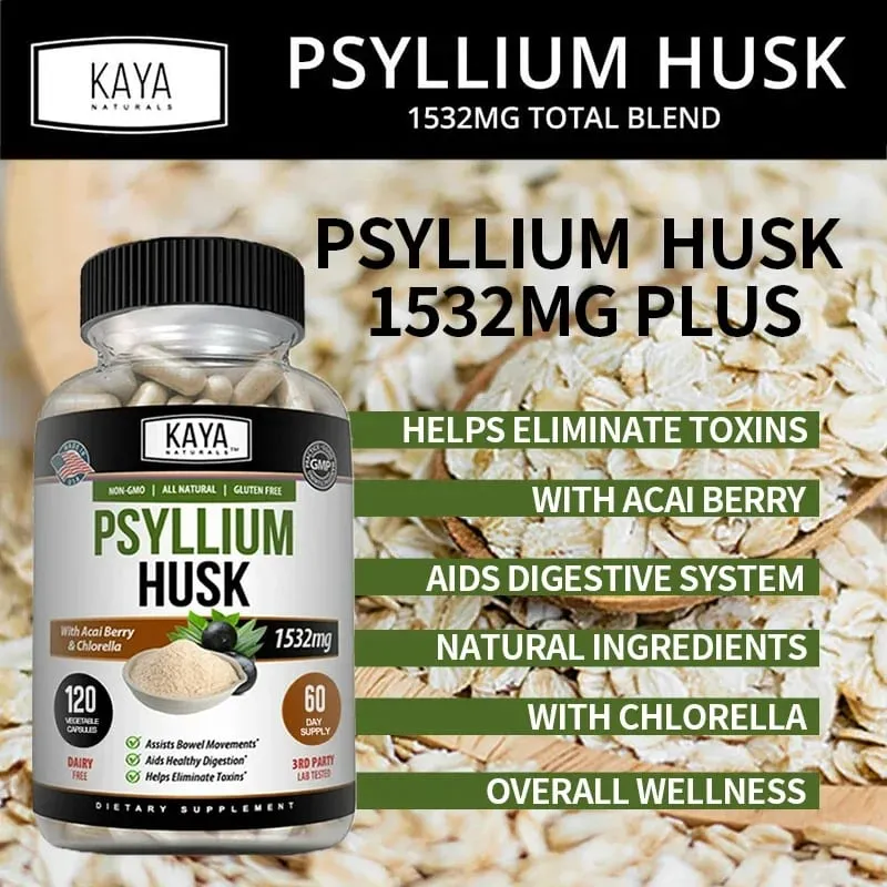 Psyllium Husk Capsules - 1532 Mg - Enriched with Ginger Root and Aloe Vera To Support Bowel Digestive and Detoxification Health