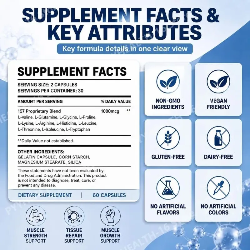 157 Complex Capsules Recovery with L-Valine and L-Glutamine for Recovery Support Muscle Growth Amino Blend 1000 Mcg 60 Capsules