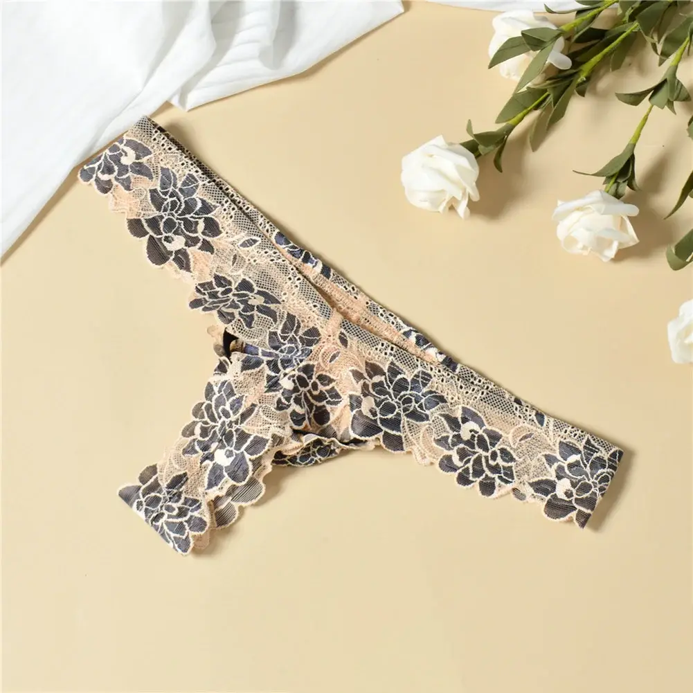 Men Floral Lace Thong Low Rise Elastic Waist G‑String Breathable See‑Through Floral Print Male Underwear Sexy Lingerie Panties