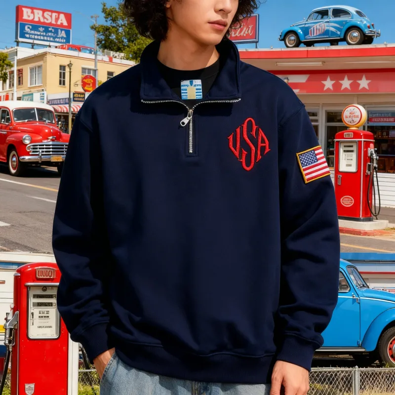 Sweat-shirt brodé drapeau américain Vintage, bleu marine, quart de zip, livraison rapide, Streetwear High Street Y2k, à la mode — image 4