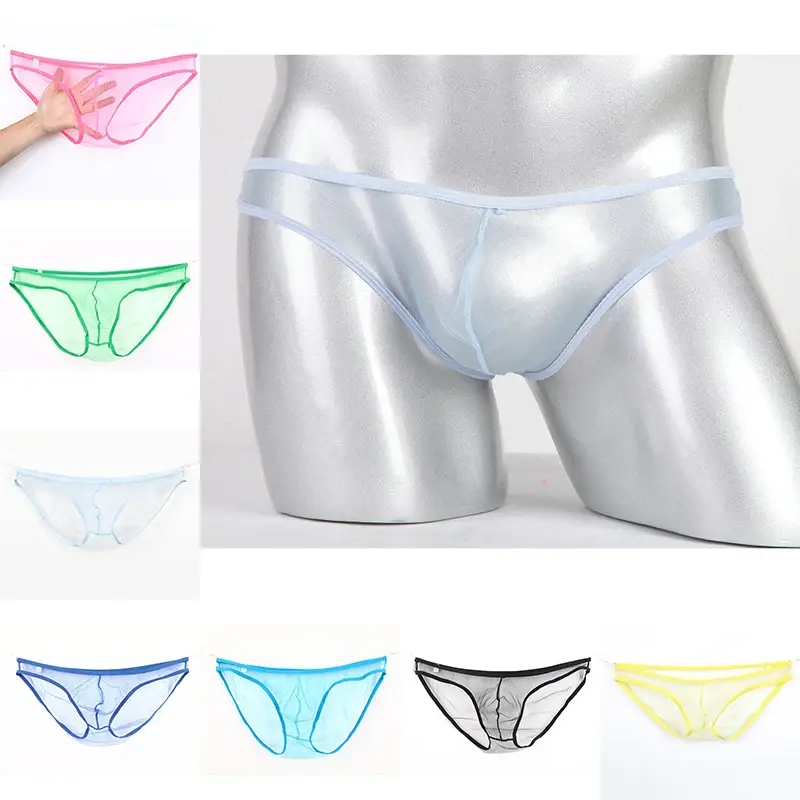 Men's Large Size Low Waist Mesh Briefs, Ultrathin Transparent Underwear, with U Convex Bag, Various Colors Available
