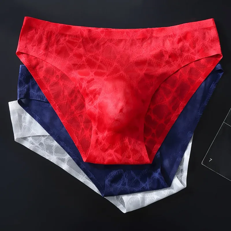 Men Sexy Lace Thin Ice Silk Briefs Underwear For Man Bulge Pouch Low Waist Very Hot Lingerie Solid Unisex Panties Men's Clothing