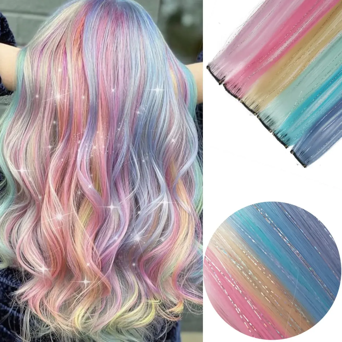 Multicolor Clip in Hair Extensions Mix talmi Színes hajhosszabbítás 2 az 1-ben szivárványos haj ezüst talmákkal gyerekeknek, lányoknak