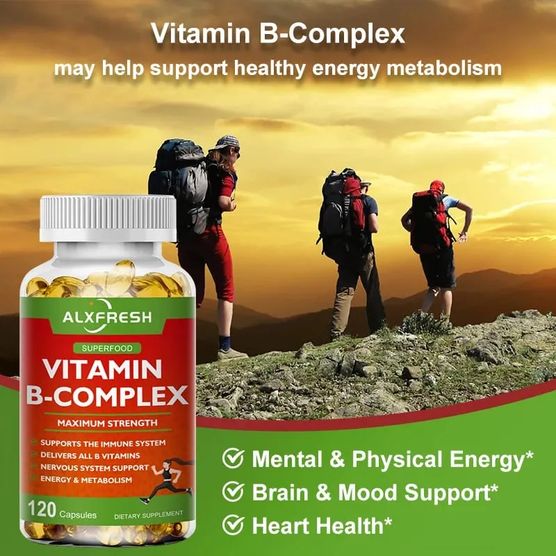 Alxfresh B-Complex Vitamin Supplements (B12 B1 B2 B3 B5 B6 B9 Folic Acid &Biotin) Immune & Energy Support