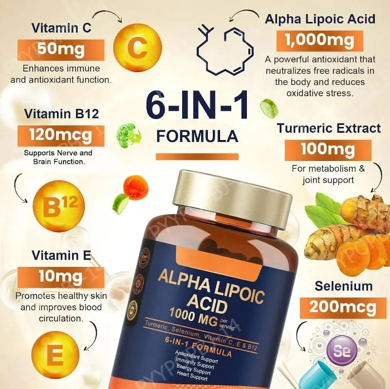 Alpha Lipoic Acid 6-in-1 Formula 1000mg Turmeric Selenium Vitamins C E B12 120 Veggie Capsules for Daily Wellness Support — image 2