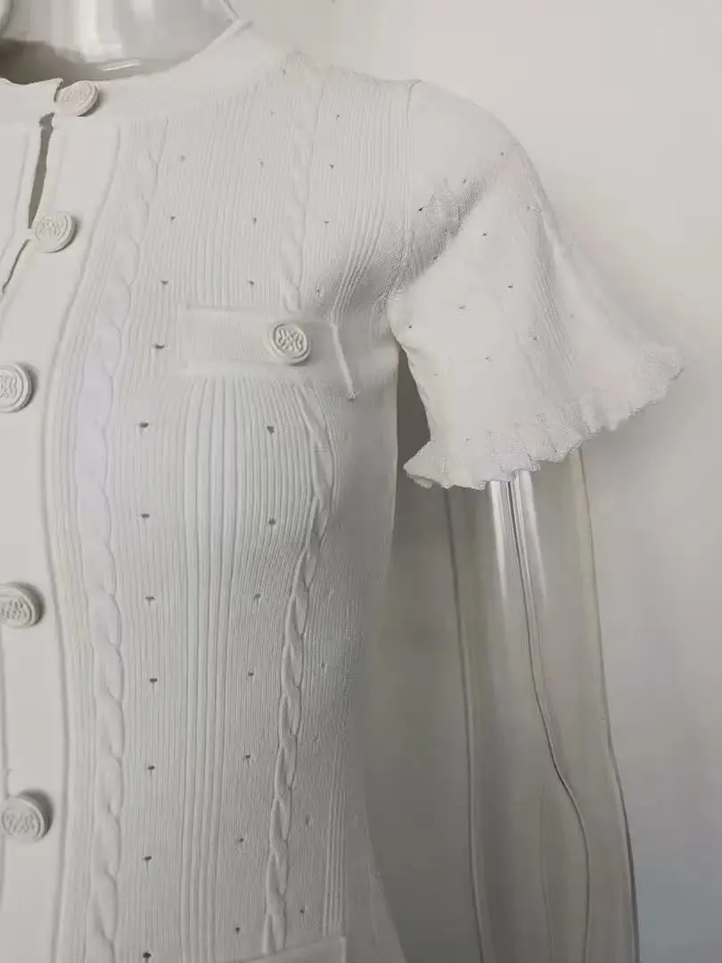 Vintage Cable Knit Midi φόρεμα με κουμπί μπροστά με βολάν με κοντό μανίκι σχέδιο τσέπης Κομψό πάρτι casual πλεκτό φόρεμα