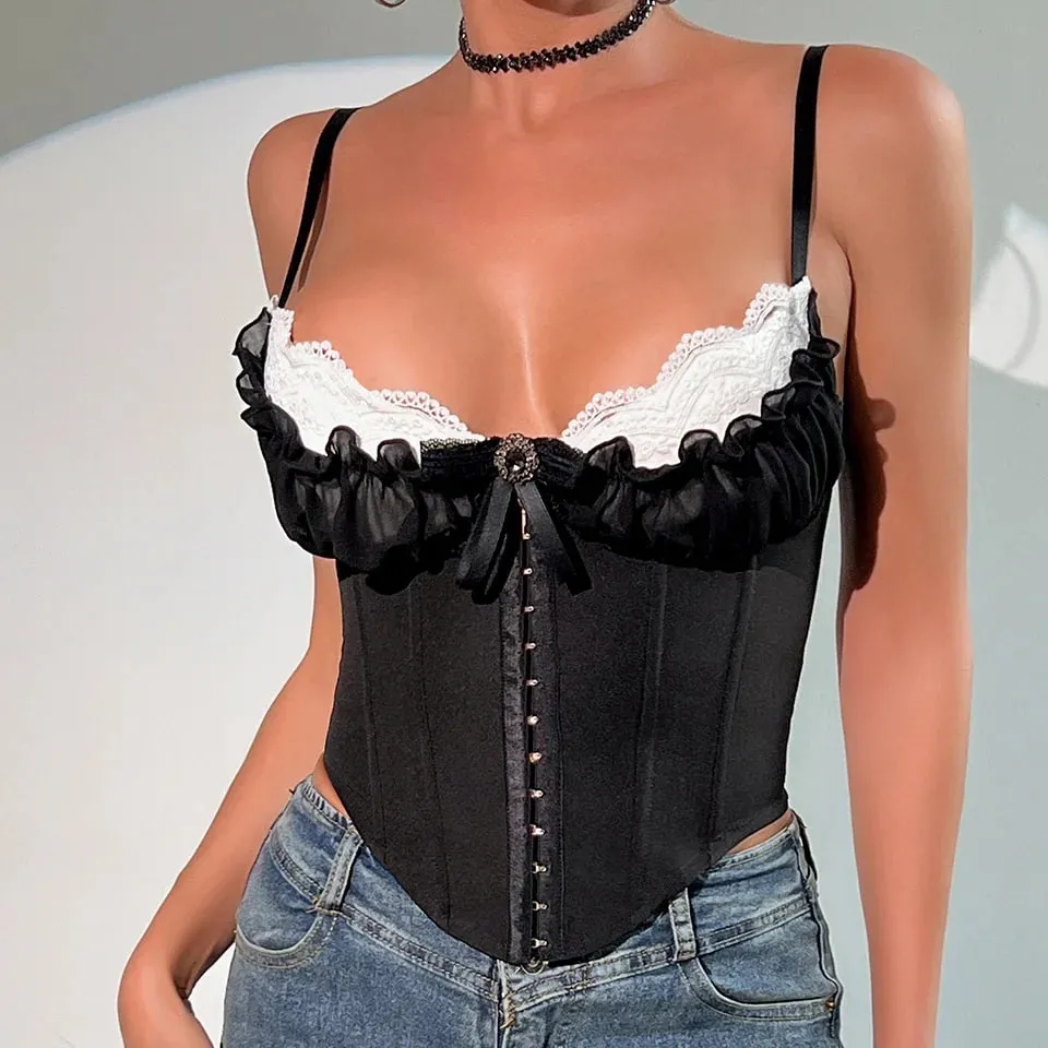 Szexi V nyakú, Y2K Crop felsők Csipke patchwork, redőzött, masnis fűző felső Szexi hát nélküli, karcsú camisole testforma halcsont mellszobor