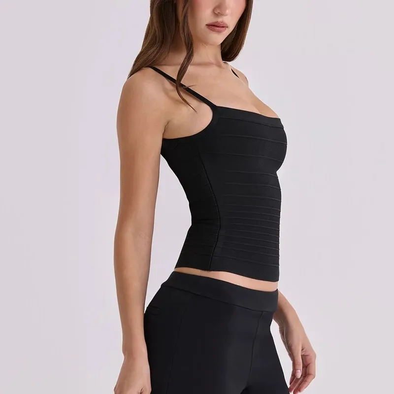 נשים קיץ צבע אחיד תחבושת קמיצה Slim Fit צווארון מרובע רצועת ספגטי רצועת קמי סריג צלעות — image 2