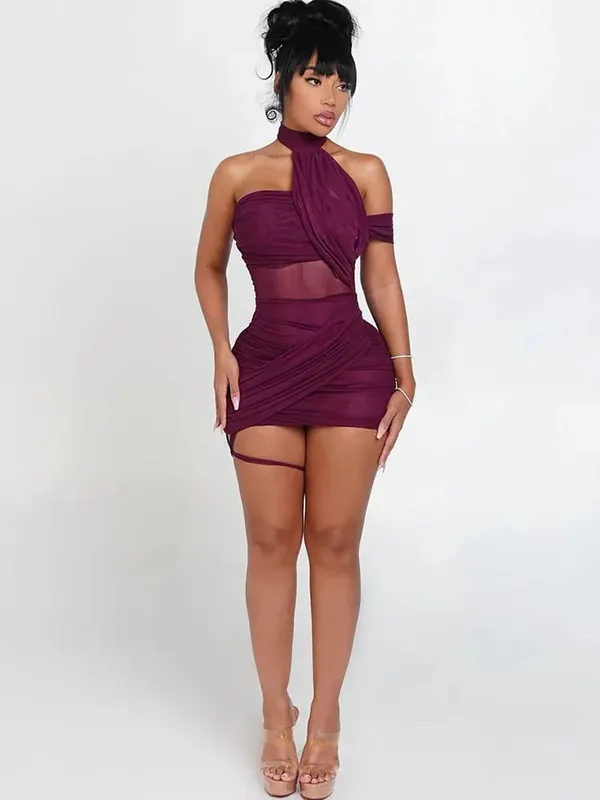 kliou Mesh צלב לא סדיר נשים מיני שמלת מוצק סקסי צוואר חתך ללא שרוולים חלול רזה Vestidos Mujer מסיבה מדהימה