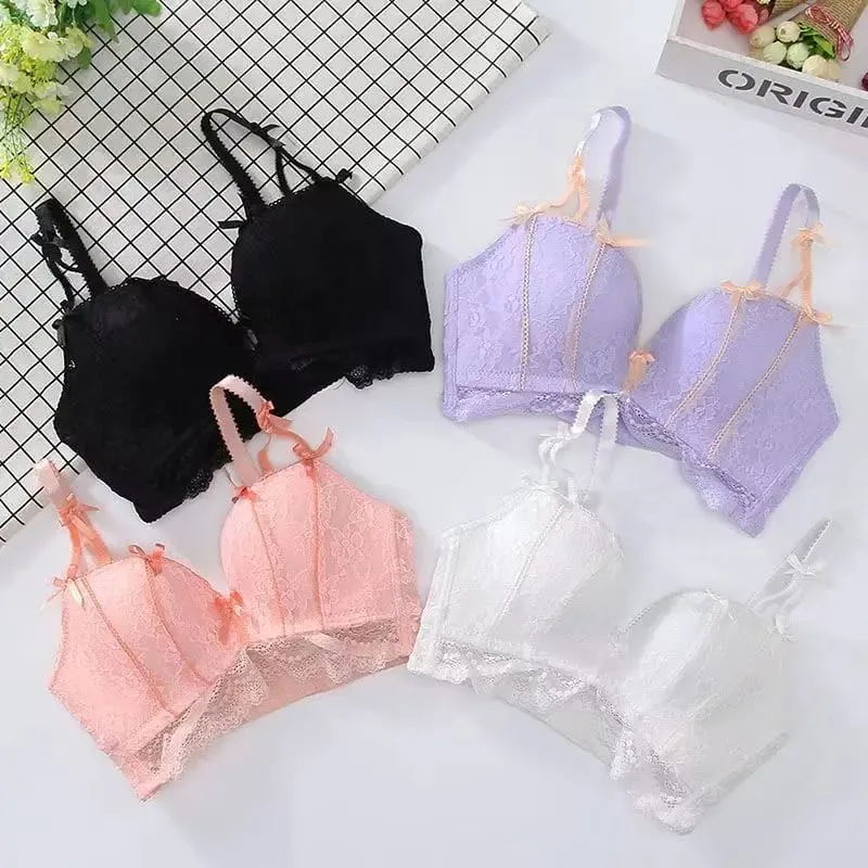 Bagong Sweet Seamless Lace Push Up Lingerie Para sa mga Babae Maliit na Breast Gathering Non-steel Ring Adjustable Bra Set