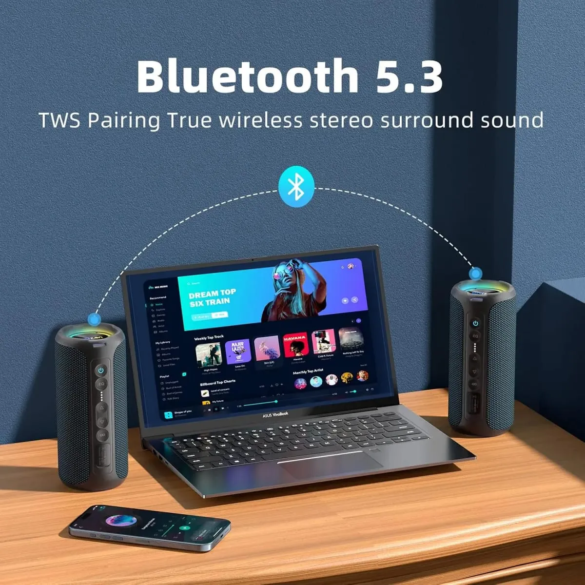 Ortizan Bluetooth Speaker 40W TWS רמקול נייד עם סטריאו סאונד בס Bluetooth 5.3 Wireless USB Type C חיצוני 6600mAh סוללה