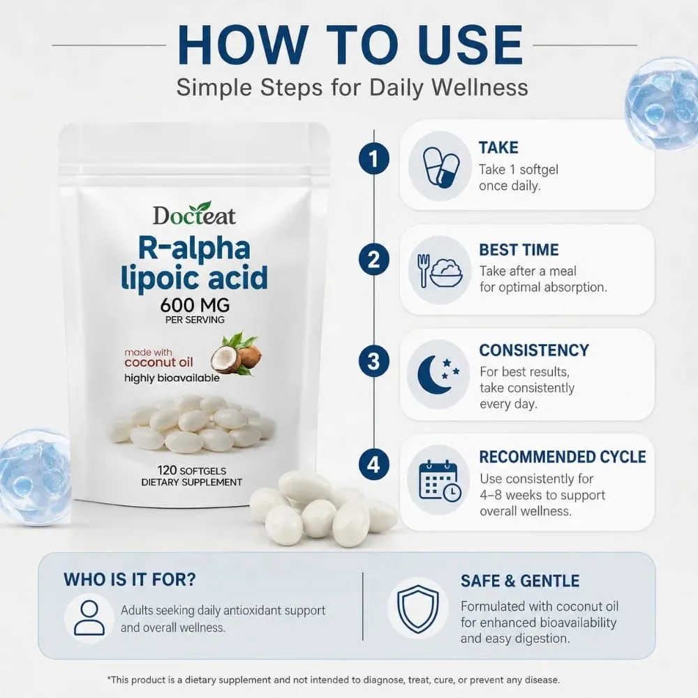 Μαλακές γέλη R-Alpha Lipoic Acid 600 mg ανά μερίδα 120 Αριθμός Φτιαγμένο με λάδι καρύδας Βολική καθημερινή διατροφική υποστήριξη ευεξίας — image 6