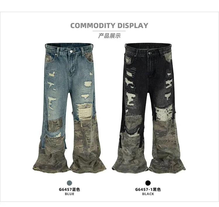 Farmer Férfi és női terepszínű patchwork mosott lyuk kivitelű farmer 2025ss — image 8