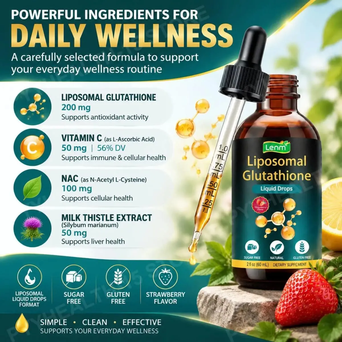 Lenm Liposomal Glutathione Liquid Drops for Antioxidant Cellular & Liver Support with NAC Vitamin C Strawberry Flavor 60 mL