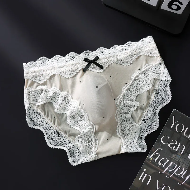 Men's Sexy Briefs Lace Edge Polka Dot Underwear Ice Silk Sissy Panties U Convex Pouch Underpants Seamless See Through Lingerie — image 11