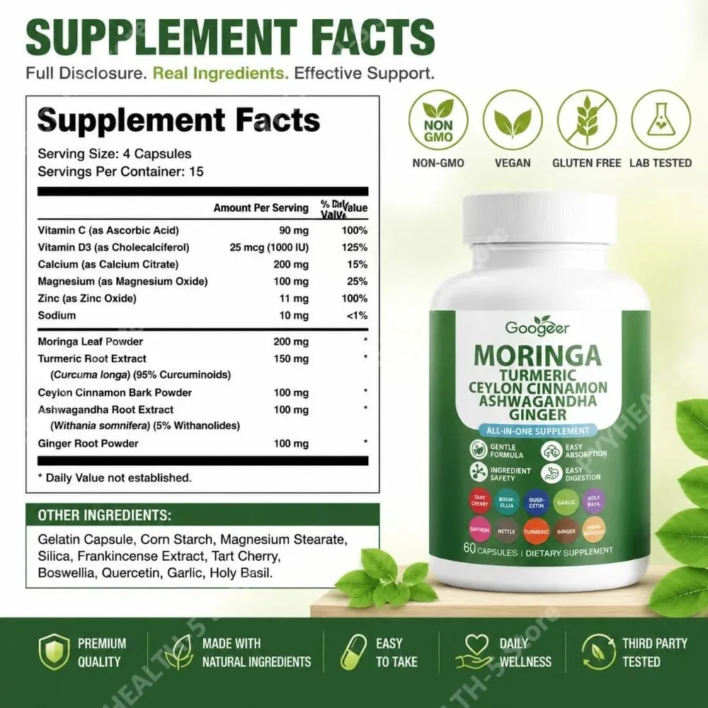 Googeer Moringa Kurkuma Capsules Alles-in-één voor gewrichtsgezondheidsondersteuning met Ashwagandha Gember en Ceylon Kaneel 60 Capsules — image 2