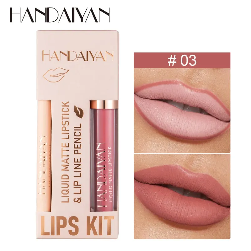 Pambabaeng 2-in-1 Lipstick Set na may Lip Liner Waterproof Long-lasting Korean Makeup Matte Finish Cosmetics Kit Libreng Pagpapadala