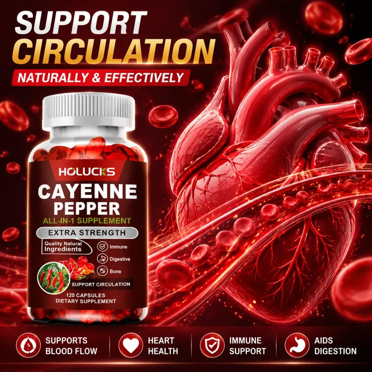 Cayenne Pepper Capsules with Vitamin D3 K2 Blood Circulation Promote Digestion Boost Metabolism Support Joint Bone Health