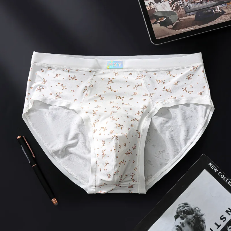 Men Sexy Briefs Sissy Lingerie Ice Silk Floral Print Panties U Convex Pouch Underwear Thin Daily Underpants Calzoncillos Hombre