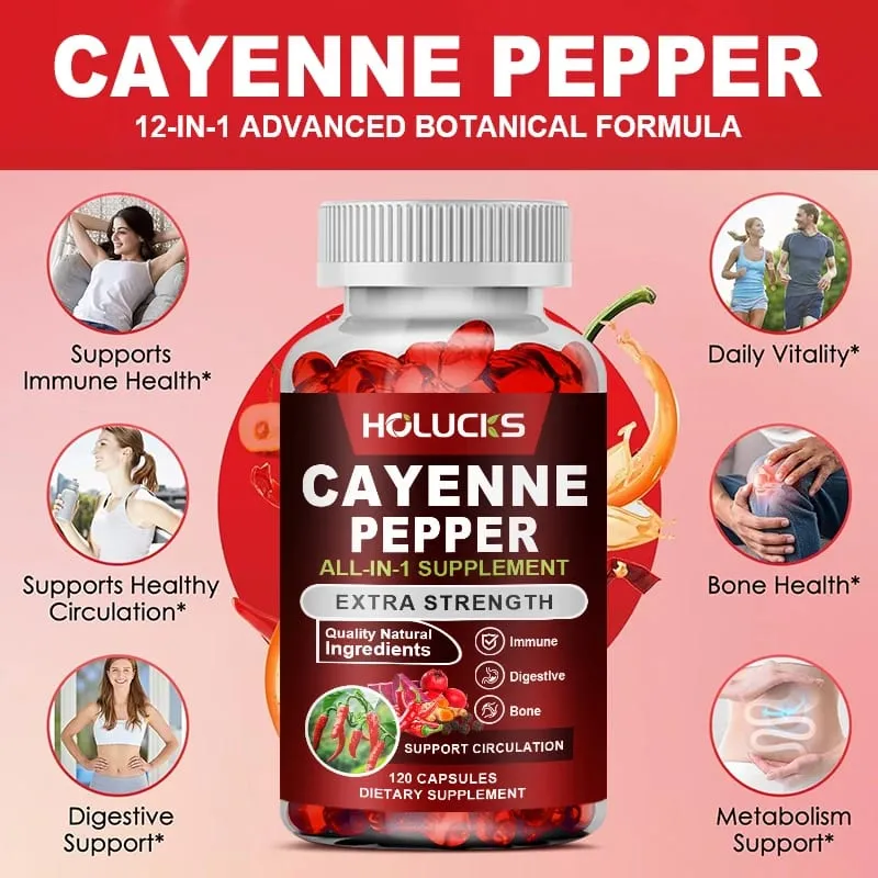 Cayenne Pepper Capsules with Vitamin D3 K2 Blood Circulation Promote Digestion Boost Metabolism Support Joint Bone Health