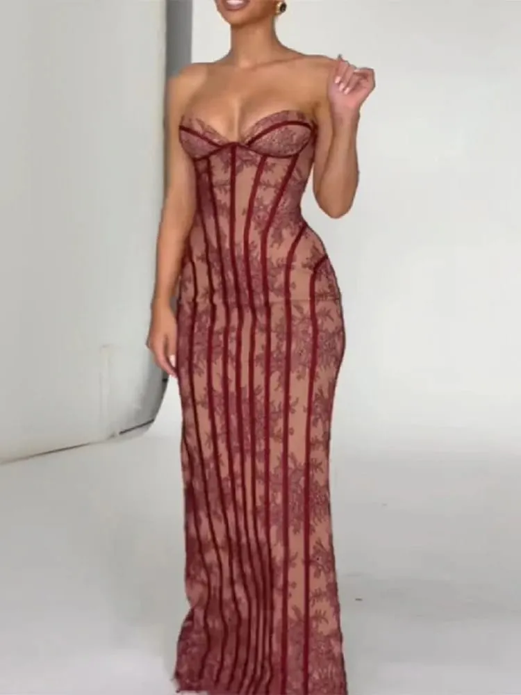 Elegáns, elegáns gézből készült halcsontparti ruha váll nélküli, pánt nélküli maxi ruha női csipkeformázó derék Vestidos 2026 estélyi ruhák