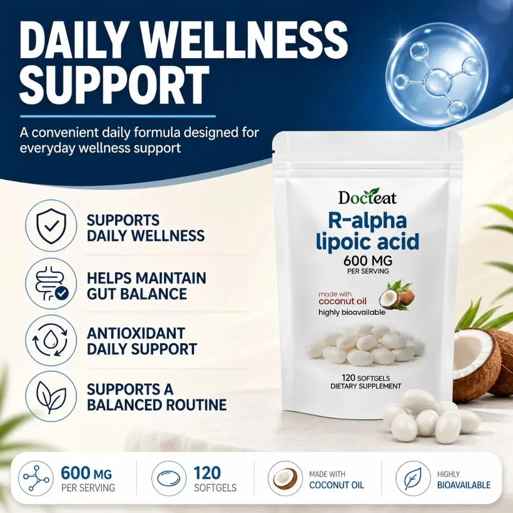 Μαλακές γέλη R-Alpha Lipoic Acid 600 mg ανά μερίδα 120 Αριθμός Φτιαγμένο με λάδι καρύδας Βολική καθημερινή διατροφική υποστήριξη ευεξίας — image 3