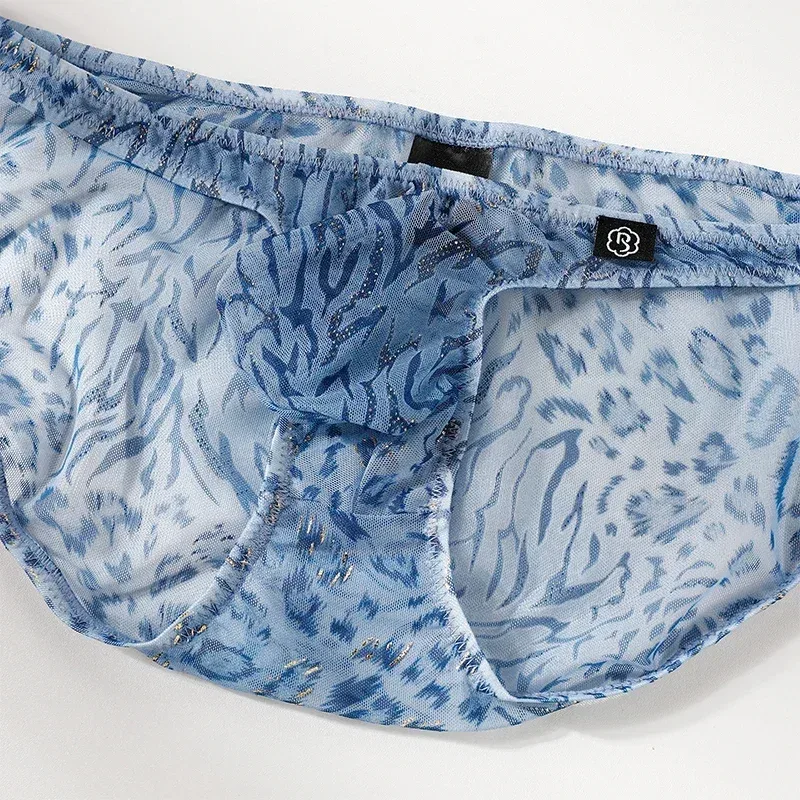 Men Leopard Printed Mesh Underwear Ice Silk Thin Breathable Low Waist Quick Dry Cool Summer Mens Briefs Panties