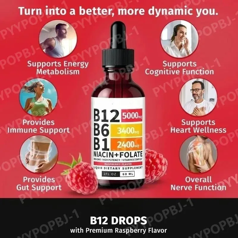 Vitamin B12 Liquid Drops 60ml Raspberry Flavor with Vitamin B6+B1 Etc Multivitamin Support Energy Recovery & Brain Heart Health