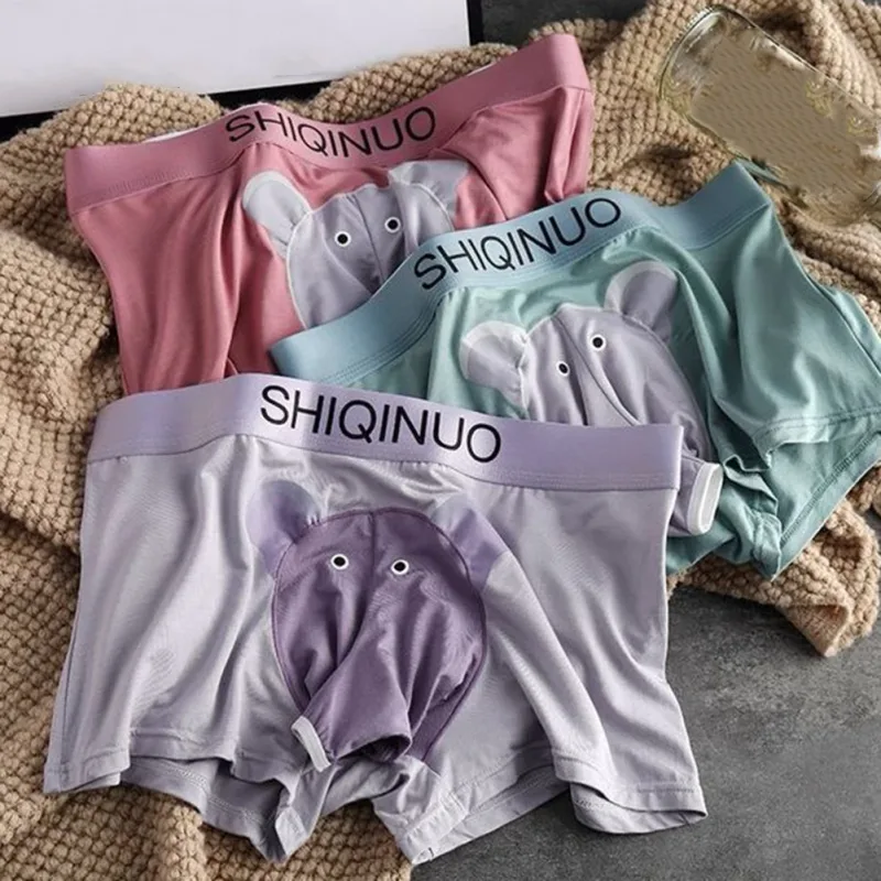 Men Cute Elephant Print Boxer Briefs Elastic Letter Waist 3D Pouch Soft Breathable Daily Sleep Home Casual Comfy Underwear Wear