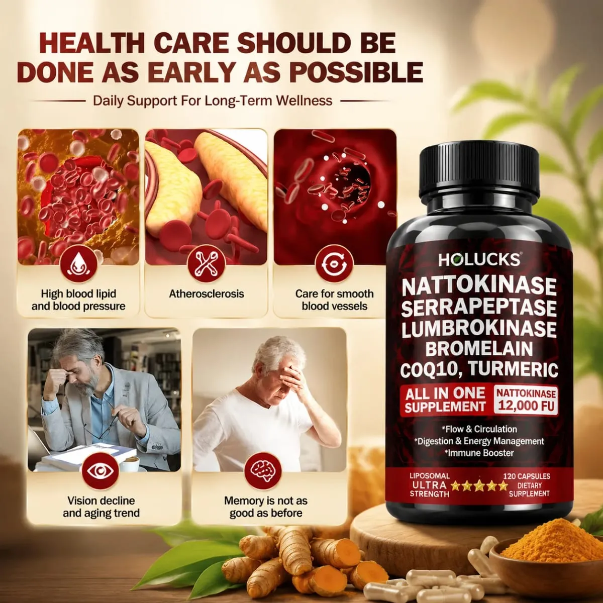 Premium Nattokinase Supplement with Bromelain CoQ10 Turmeric Support Blood Flow Joint Heart Health Antioxidant & Vitality